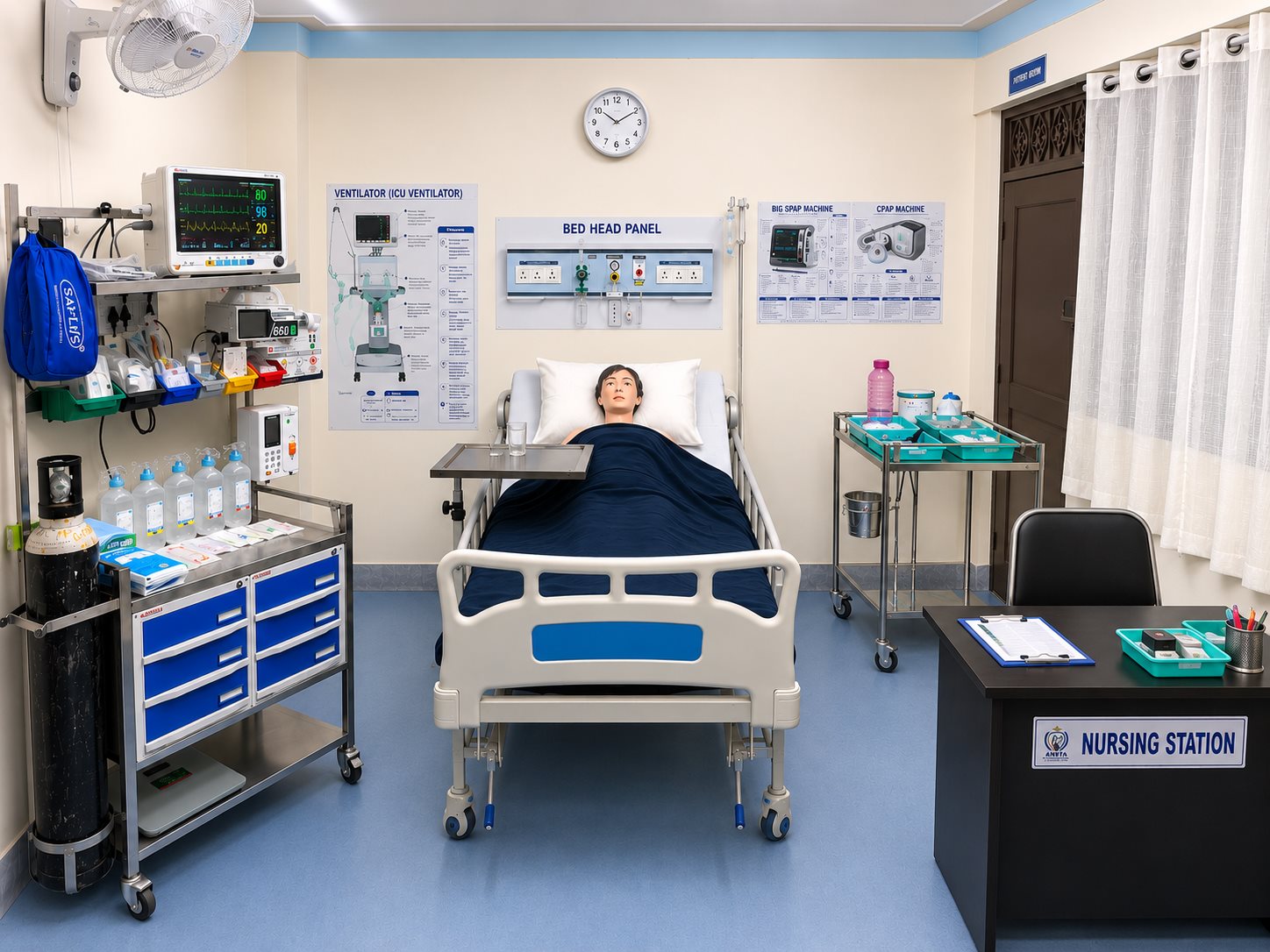 ANSTA ICU training room — manikin on a monitored bed with bed head panel, ventilator and CPAP charts and the nursing station desk