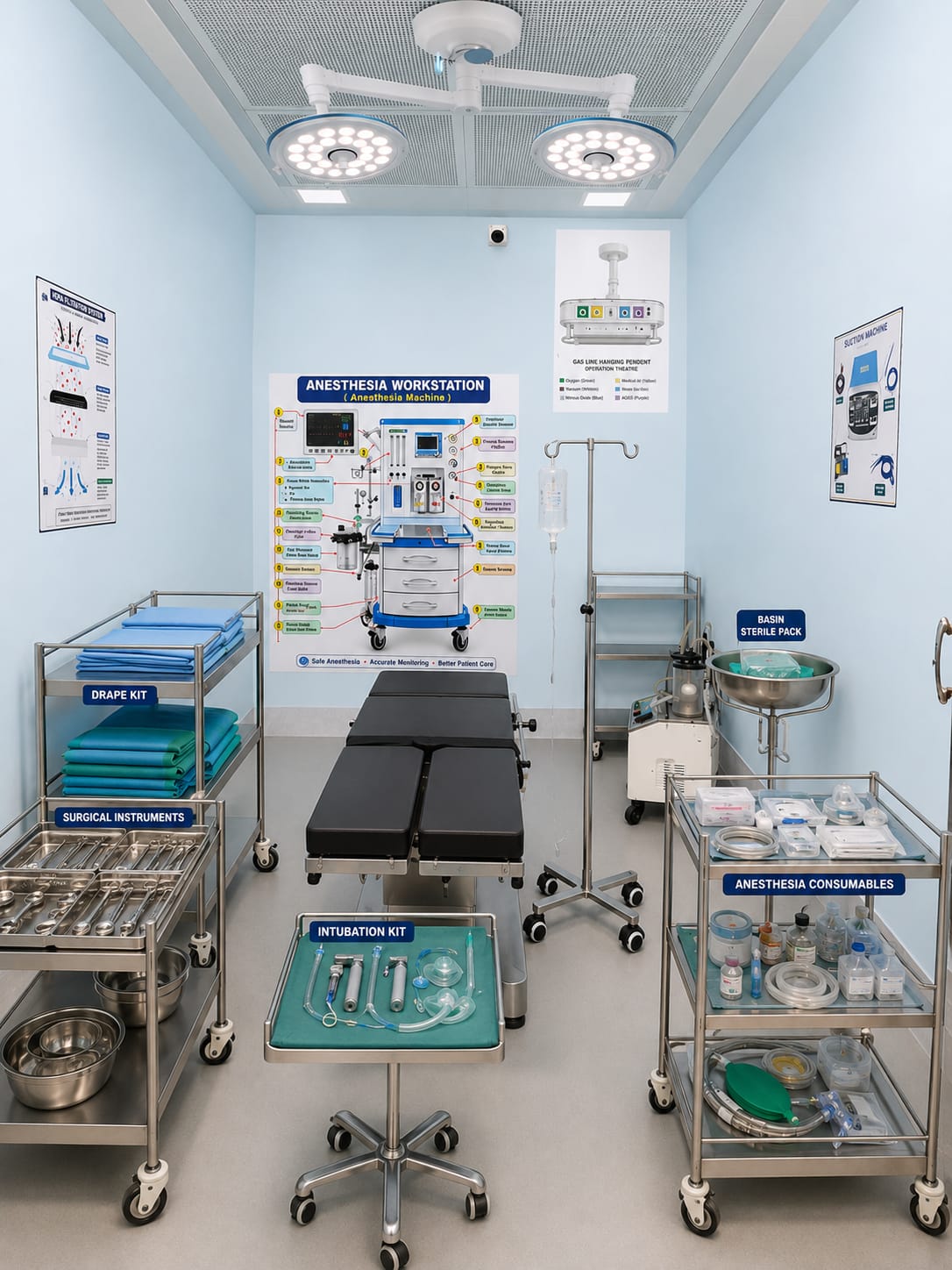 ANSTA operation theatre training setup with OT lights, anaesthesia workstation and instrument trolleys