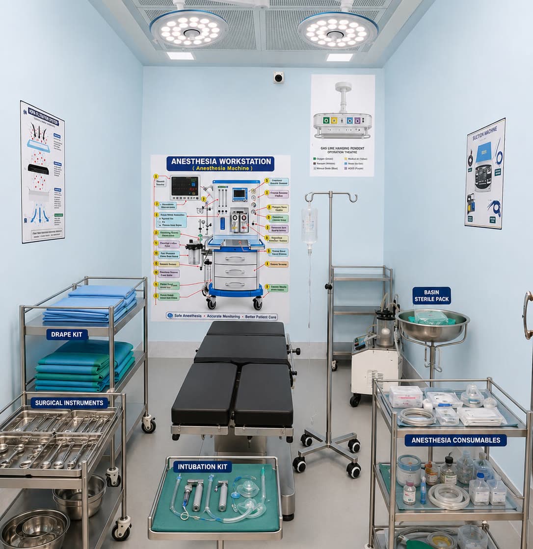 ANSTA operation theatre — twin OT lights, anaesthesia workstation, intubation kit and surgical instrument trolleys