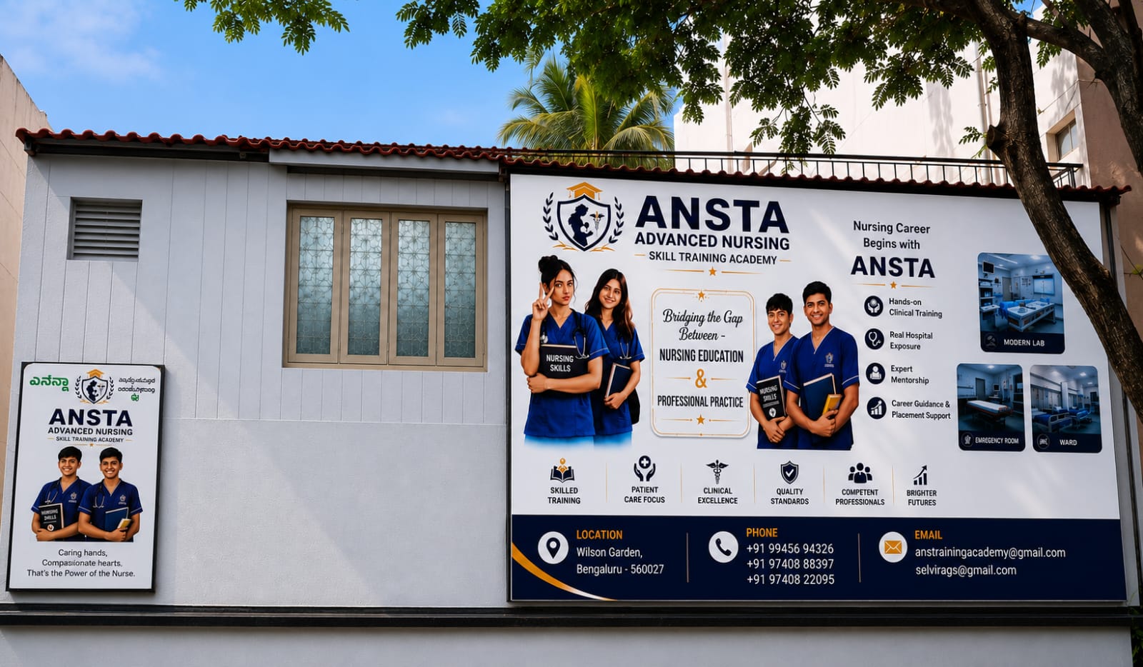 ANSTA academy building exterior at Wilson Garden with the Advanced Nursing Skill Training Academy signboard